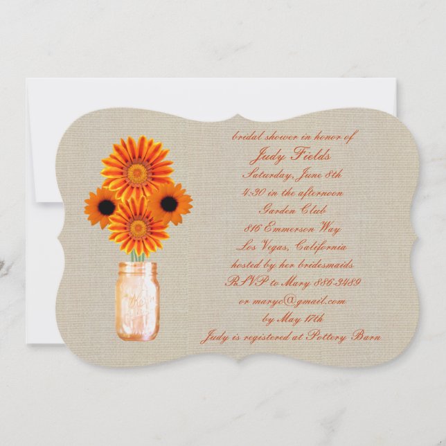 Rustic Orange Mason Jar Bridal Shower Invitation (Front)