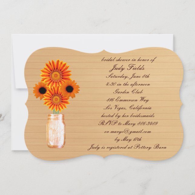 Rustic Orange Mason Jar Bridal Shower Invitation (Front)