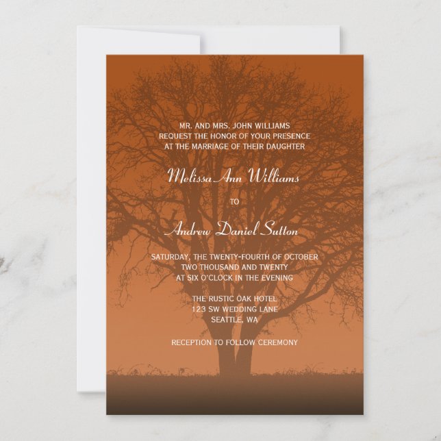 Rustic Orange Oak Tree Wedding Invitation (Front)