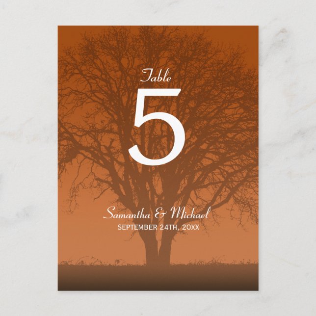 Rustic Orange Oak Tree Wedding Table Number Postcard (Front)
