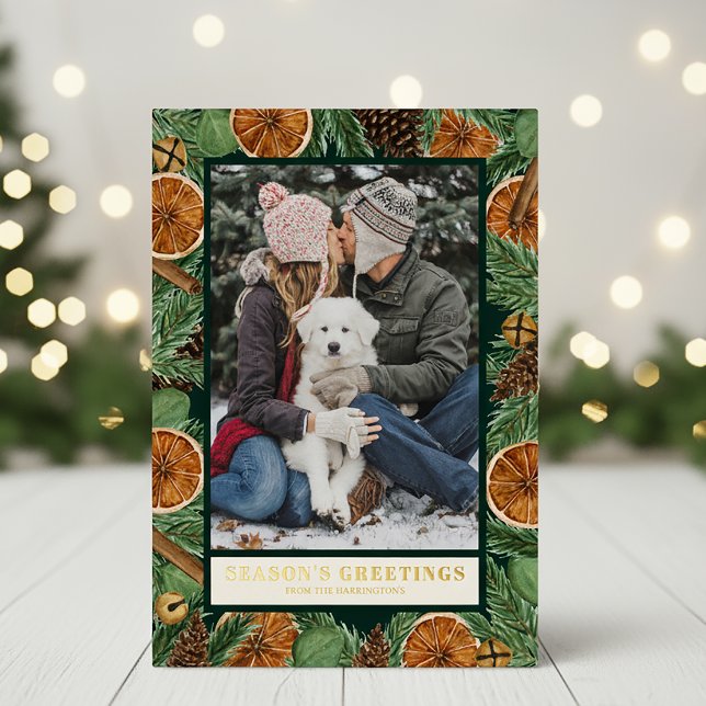 Rustic Orange Pine Customisable Photo  Foil Holiday Card (Creator Uploaded)