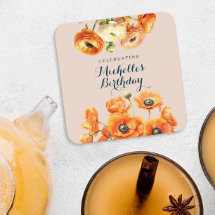 Rustic Orange Pink Garden Floral Birthday Party Square Paper Coaster