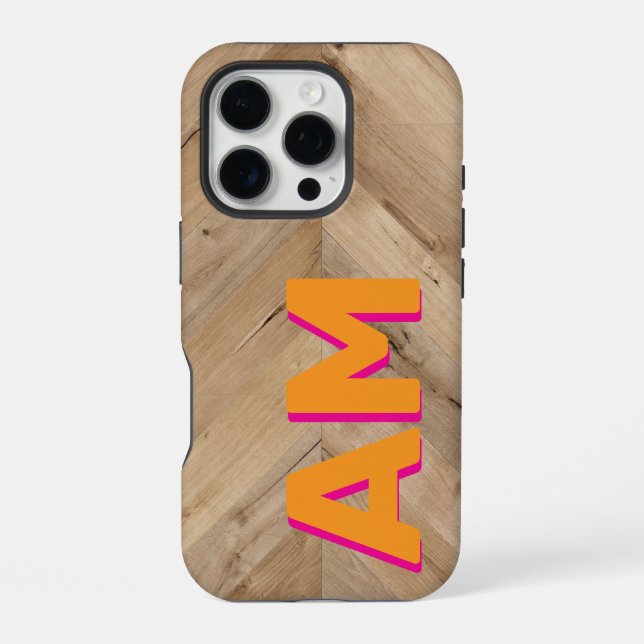 Rustic Orange Pink Shadow Monogram Wood Texture iPhone Case (Back)