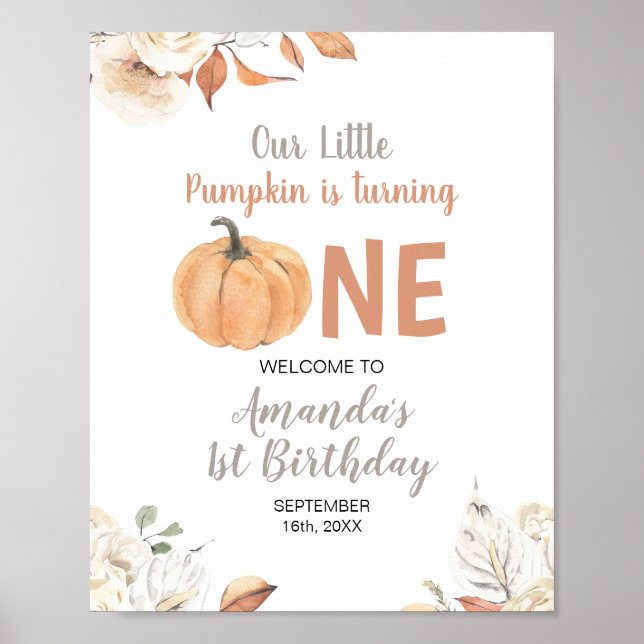 Rustic Orange Pumpkin 1st Birthday Welcome Poster (Front)