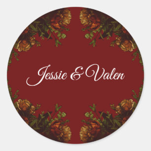 Rustic Orange Red Fall Elegant Gothic Wedding Classic Round Sticker
