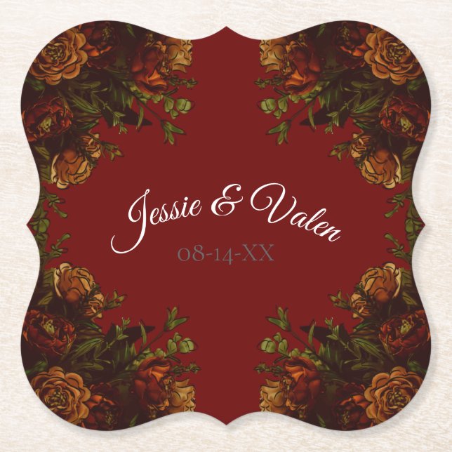 Rustic Orange Red Fall Elegant Gothic Wedding Paper Coaster (Front)