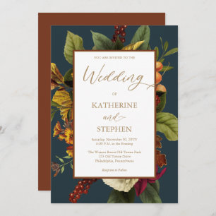 Rustic Orange   Red Floral Bouquet Teal Wedding Invitation