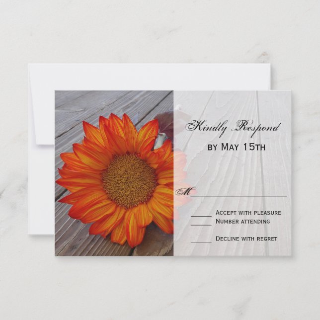Rustic Orange Red Sunflower Wedding RSVP Cards (Front)