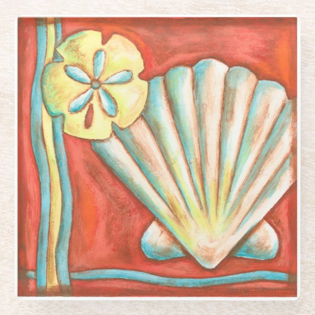 Rustic Orange Seashells Glass Coaster (Front)