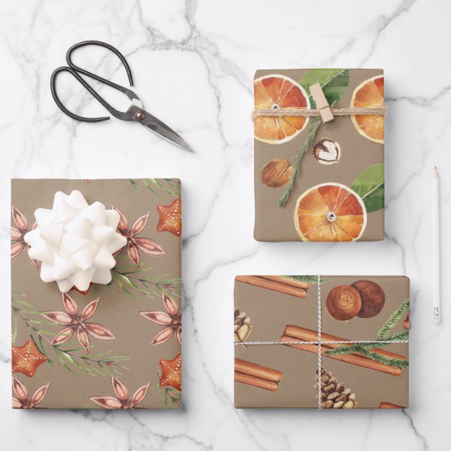 Rustic Orange Slices Anise Star Cinnamon Sticks Wrapping Paper Sheet (Front)