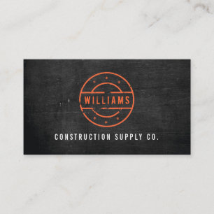 Rustic Orange Stamp on Black Wood Construction Business Card