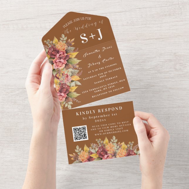 Rustic Orange Terracotta Fall Boho Wedding RSVP All In One Invitation (Tearaway)