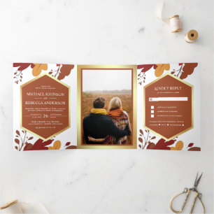 Rustic Orange Terracotta Leaves Foliage Wedding Tri-Fold Invitation