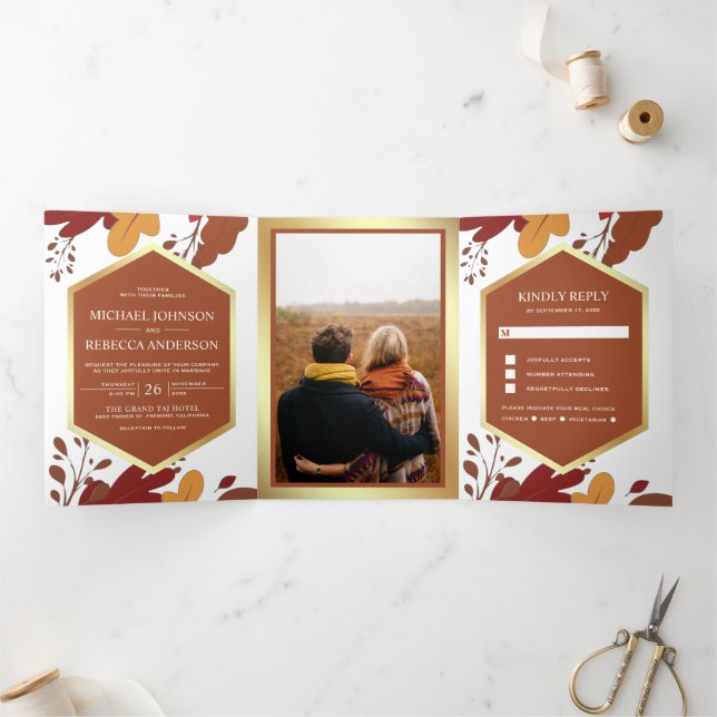 Rustic Orange Terracotta Leaves Foliage Wedding Tri-Fold Invitation (Inside)