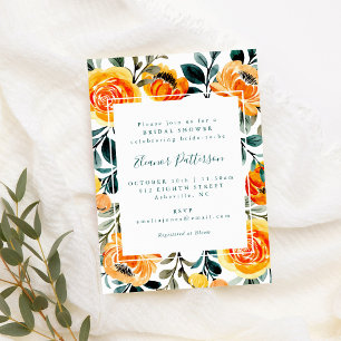 Rustic Orange Watercolor Flowers Bridal Shower Invitation