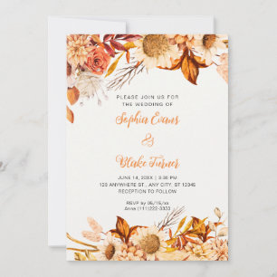 Rustic Orange White Flowers Boho Off White Wedding Invitation