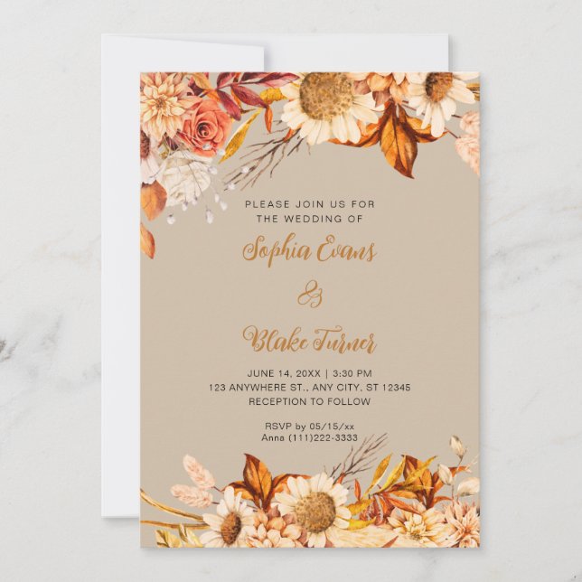 Rustic Orange White Flowers Boho Vanilla Wedding Invitation (Front)