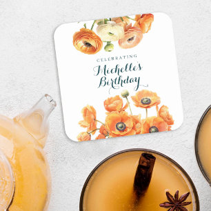 Rustic Orange White Garden Flowers Birthday Party Square Paper Coaster