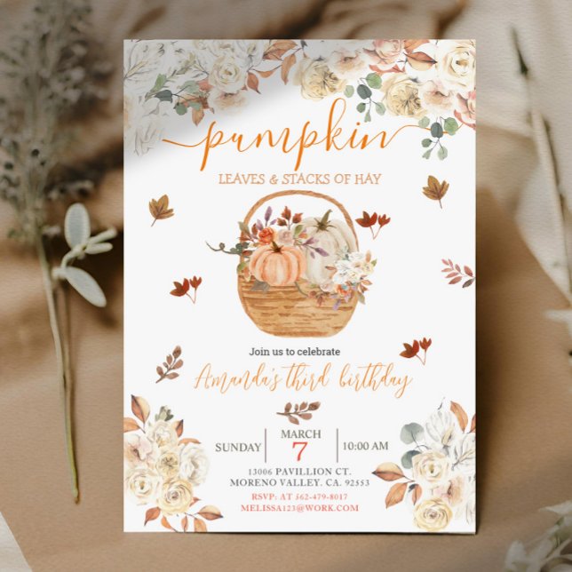 Rustic Orange White Pumpkin third birthday Invitation (Creator Uploaded)