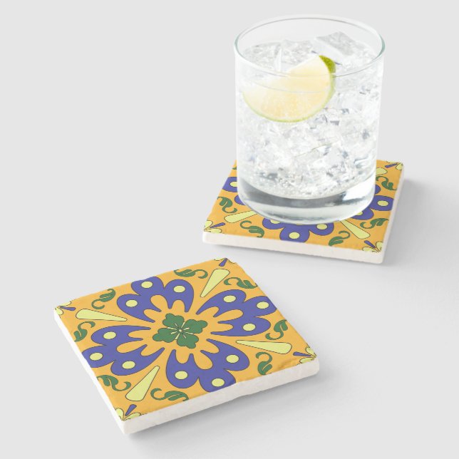 Rustic Orange Yellow And Blue Spanish Tile Coaster (Side)