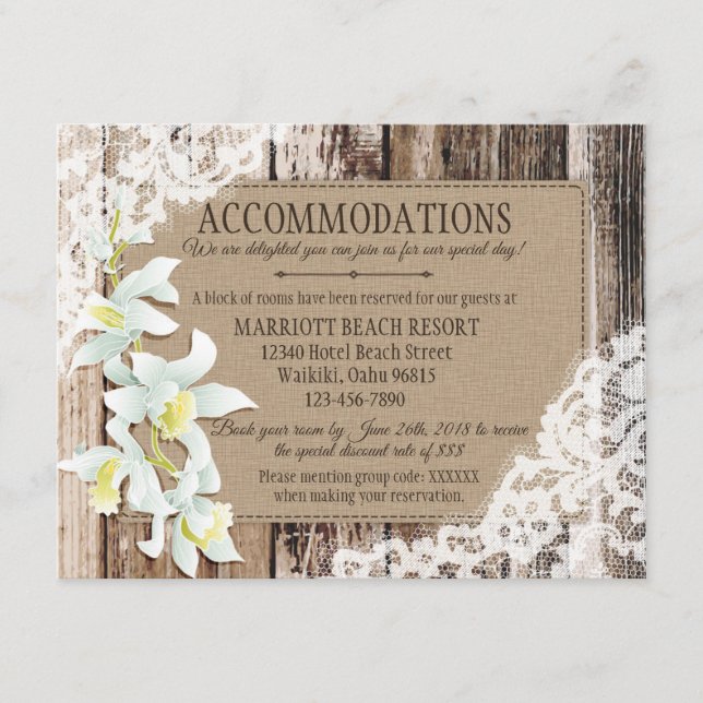 Rustic Orchid Wood Lace Accommodations Card (Front)