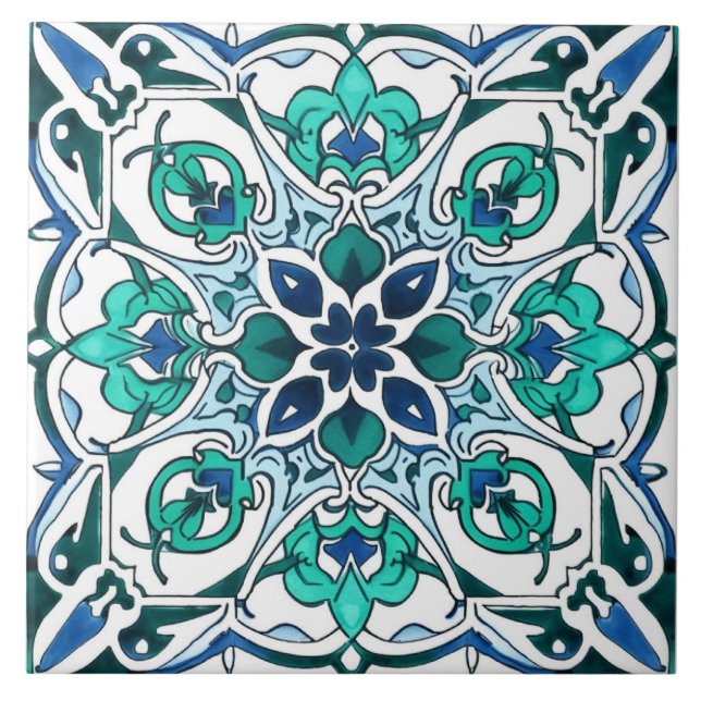 Rustic Ornate Green Pattern Ceramic Tile (Front)