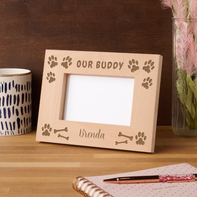 Rustic Our Buddy script dog name Etched Frames (Left)