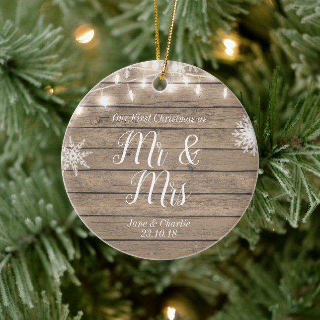 Rustic Our First Christmas as Mr and Mrs Ceramic Ornament (Tree)