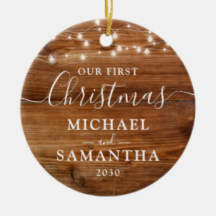 Rustic Our First Christmas Couple Personalised Ceramic Ornament