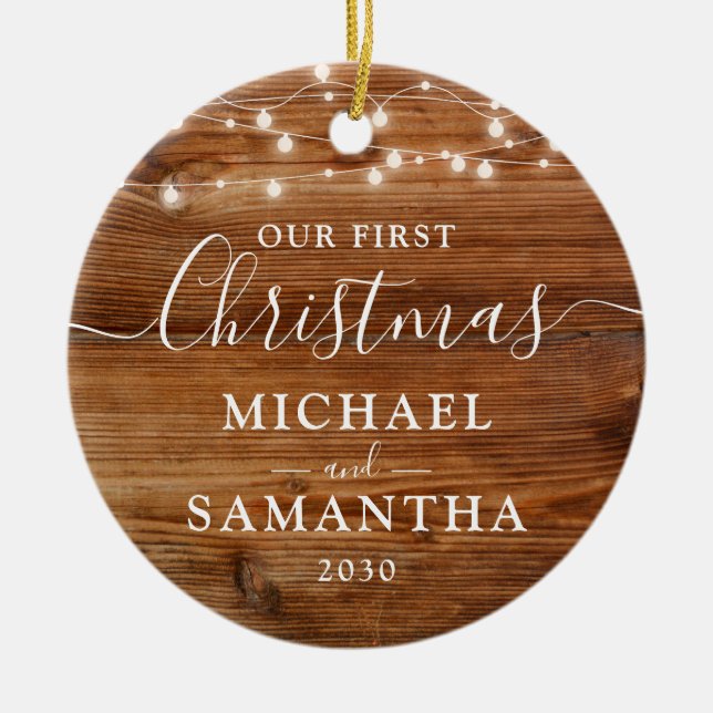 Rustic Our First Christmas Couple Personalised Ceramic Ornament (Front)