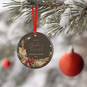 Rustic Our First Christmas Engaged Copper Photo Ceramic Ornament