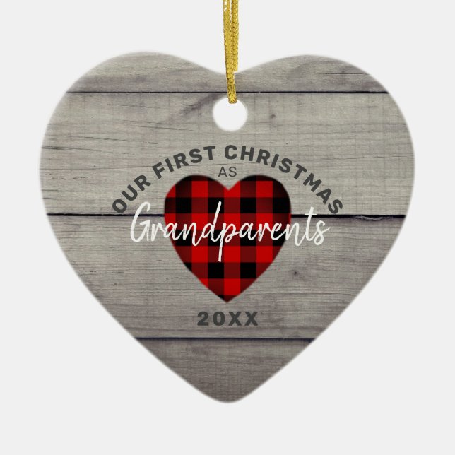 Rustic Our First Christmas Grandparents Heart Ceramic Ornament (Front)