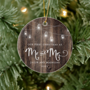 Rustic Our First Christmas Mr and Mrs. Christmas Ceramic Ornament