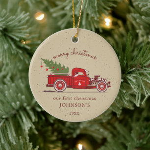 Rustic Our First Christmas Red Truck Name Photo Ceramic Ornament