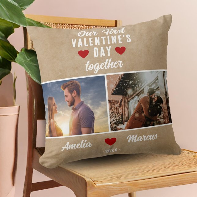 Rustic Our First Valentine's Day Together 2 Photos Cushion (Creator Uploaded)