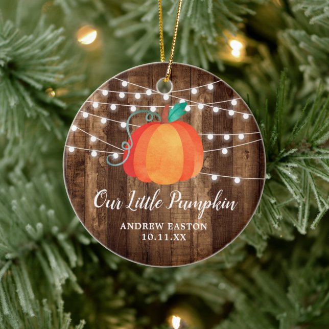 Rustic Our Little Pumpkin Personalised Fall Baby Ceramic Ornament (Tree)