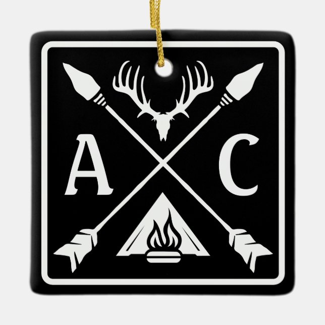 Rustic Outdoor Initials Emblem Ceramic Ornament (Front)