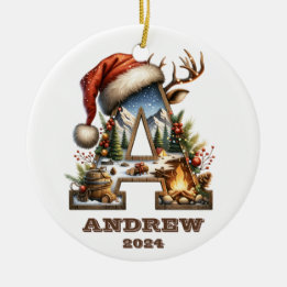 Rustic Outdoor Letter A Holiday Adventure Ceramic Ornament