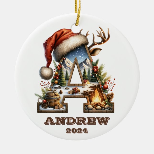 Rustic Outdoor Letter A Holiday Adventure Ceramic Ornament (Front)