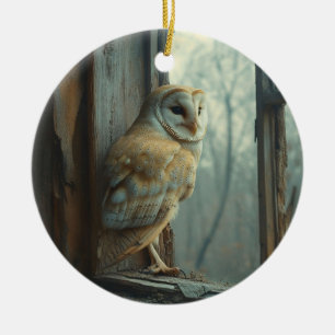 Rustic Owl In The Window Art Ceramic Ornament