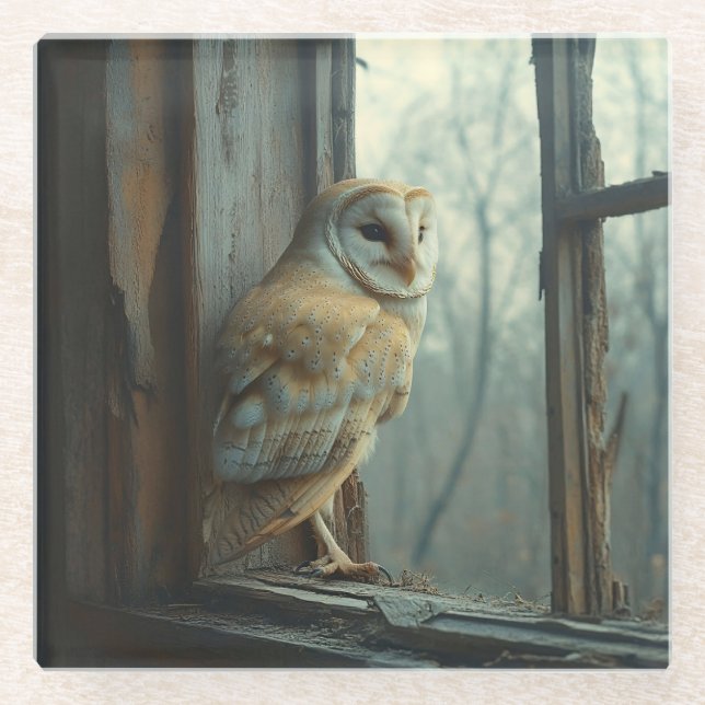 Rustic Owl In The Window Art Glass Coaster (Front)