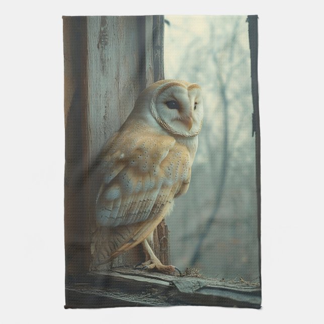 Rustic Owl In The Window Art Tea Towel (Vertical)