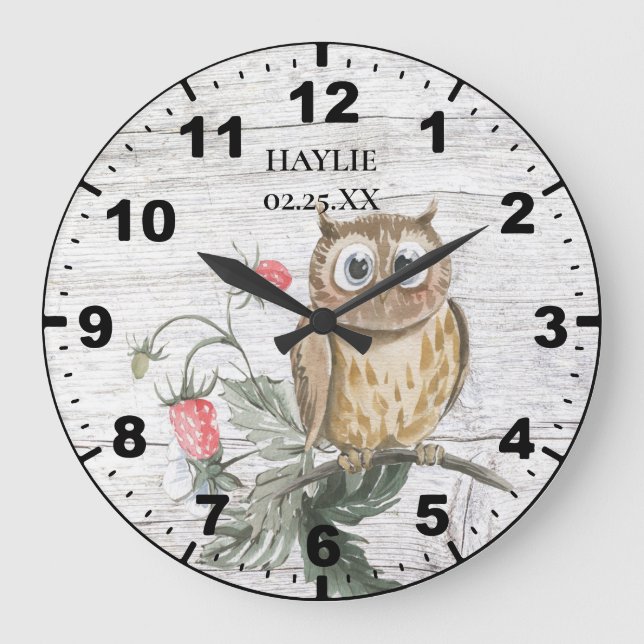 Rustic Owl on Strawberry Plant Barn Wood  Large Clock (Front)