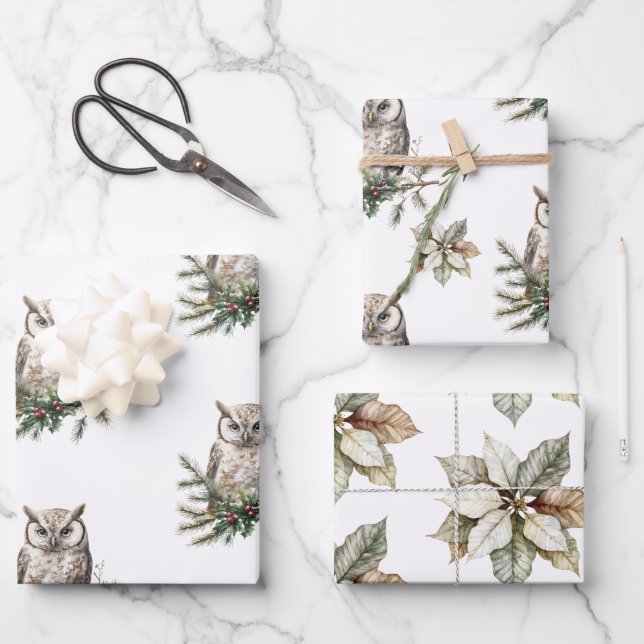 Rustic Owls and Flowers Wrapping Paper Sheet (Front)