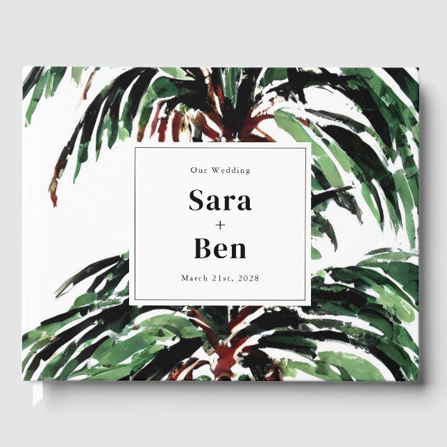 Rustic Painted Palm Trees Beach Wedding Guest Book (Front)