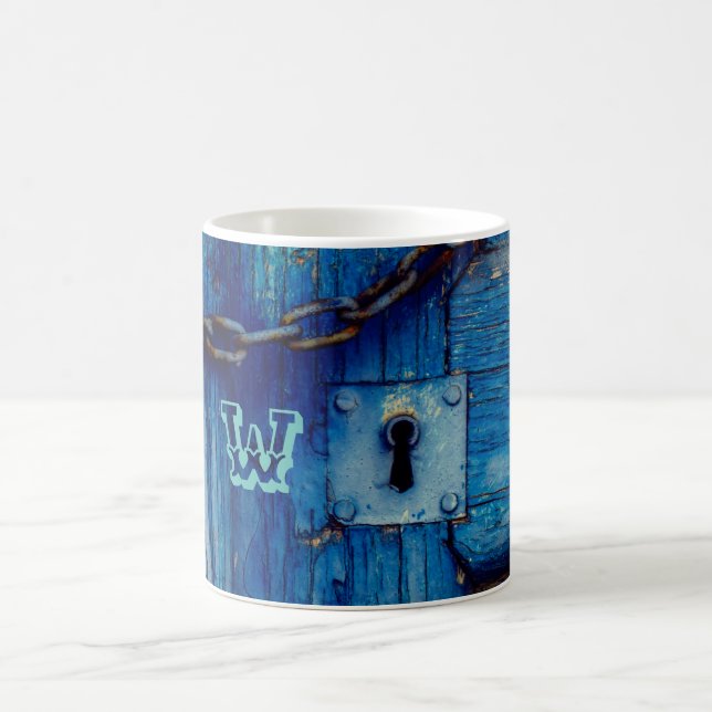 Rustic painted wood door keyhole chain blue coffee mug (Center)