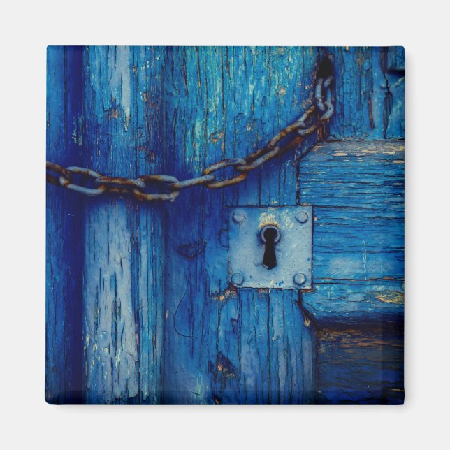 Rustic painted wood door keyhole chain blue magnet (Front)