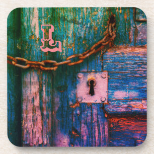 Rustic painted wood keyhole chain  blue pink coaster