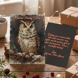 Rustic Painted Woodland Owl Winter Holiday Card