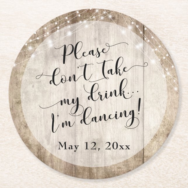 Rustic Pale Brown Wood & Lights, "I'm Dancing" Round Paper Coaster (Front)